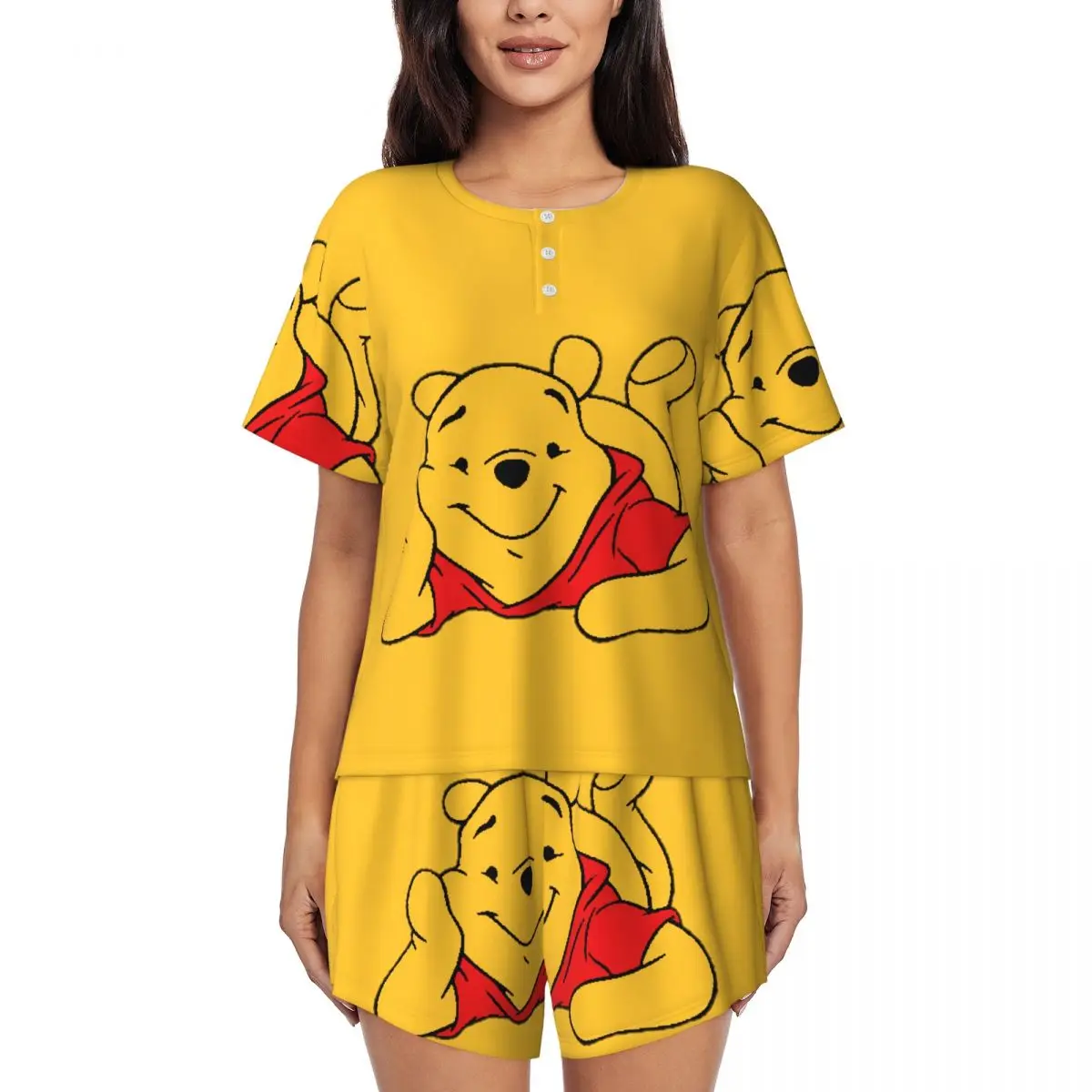 

Женский пижамный комплект с забавным рисунком Винни-Пуха на заказ, одежда для сна с короткими рукавами и принтом, домашняя одежда, пижамы, комплекты из 2 предметов