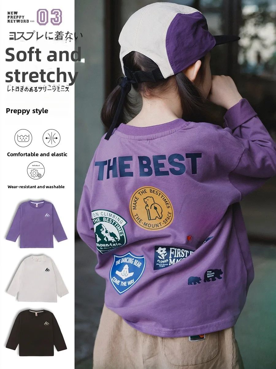 Pure Cotton Long Sleeve T-Shirt for Girls Outdoor Camping Sports Top Children's Wear Spring Autumn New Style Face Clear