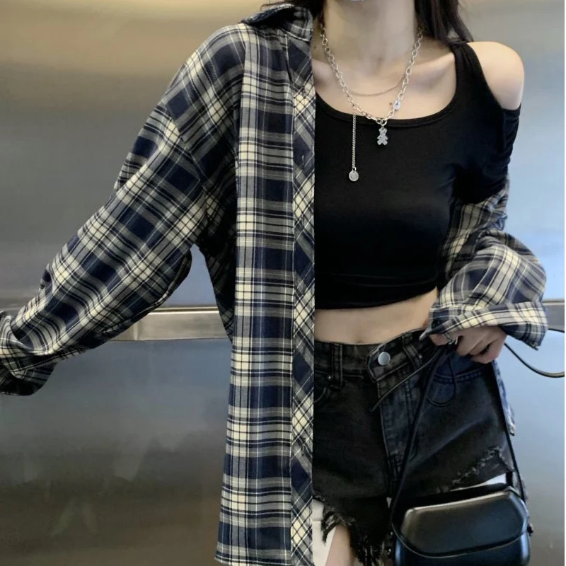 XBBA Women Plaid Shirt Korean Casual Harajuku Y2K All Match Loose Blouse Summer Fashion Hot Sweet Long Sleeve Ladies Top