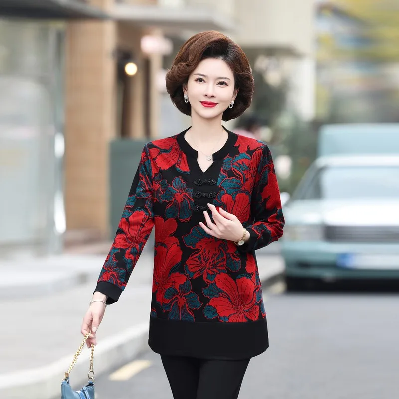 spring Women\'s Long Sleeve T-Shirts Middle Age Mother Tops Winter Bottoming Shirt Vintage printing Tee Shirt Plus size