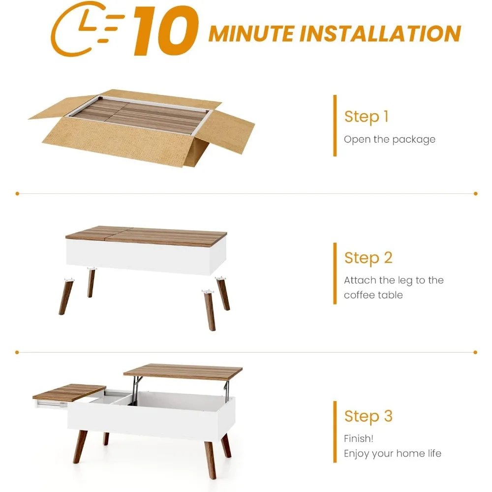 Lift Top Coffee Table, Ten Minute Install Table Center with Hidden Storage Compartments, Rising Tabletop Dining for Living Room