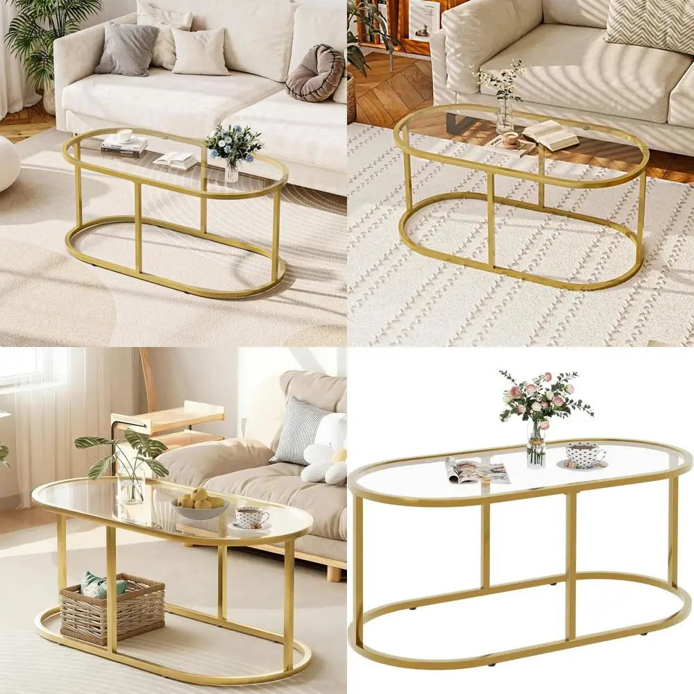 

Элегантный овальный стеклянный журнальный столик с металлическим основанием для гостиной и спальни, прочный акцентный столик из закаленного стекла