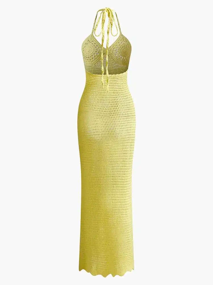 2024 Solid Colour Sexy Knit Cut Out Holiday Swimsuit Cover Up Women\'s Summer V-Neck Spaghetti Strap Bodycon Beach Maxi Dress K32