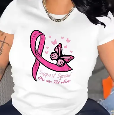 تي شيرت نسائي كاجوال رياضي برقبة دائرية وأكمام وردية على شكل فراشة للتوعية بسرطان الثدي وطباعة ملابس جمالية صيفية مريحة