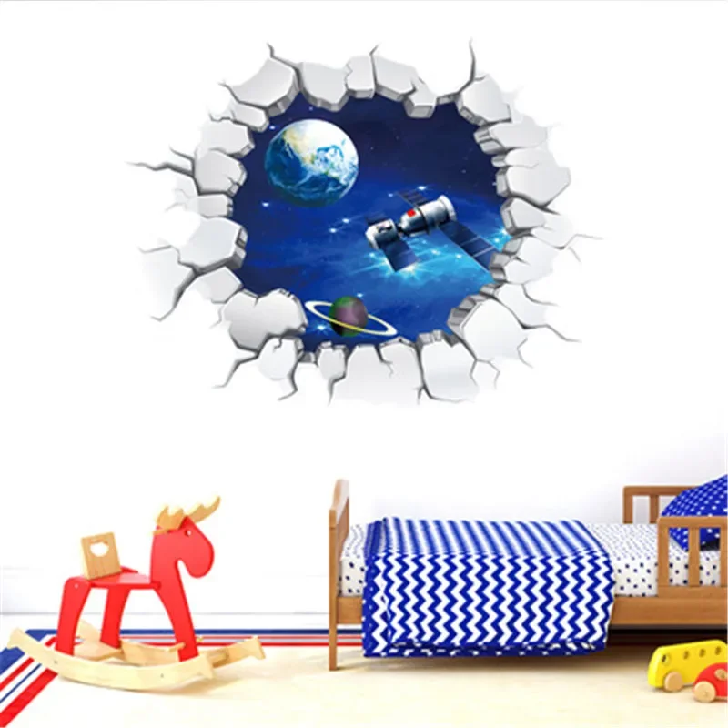 Space Galaxy Planet Wall Stickers For Kids Room Home Decor Living Room Boy Bedroom Landscape Broken Universe Mural Decals Muraux