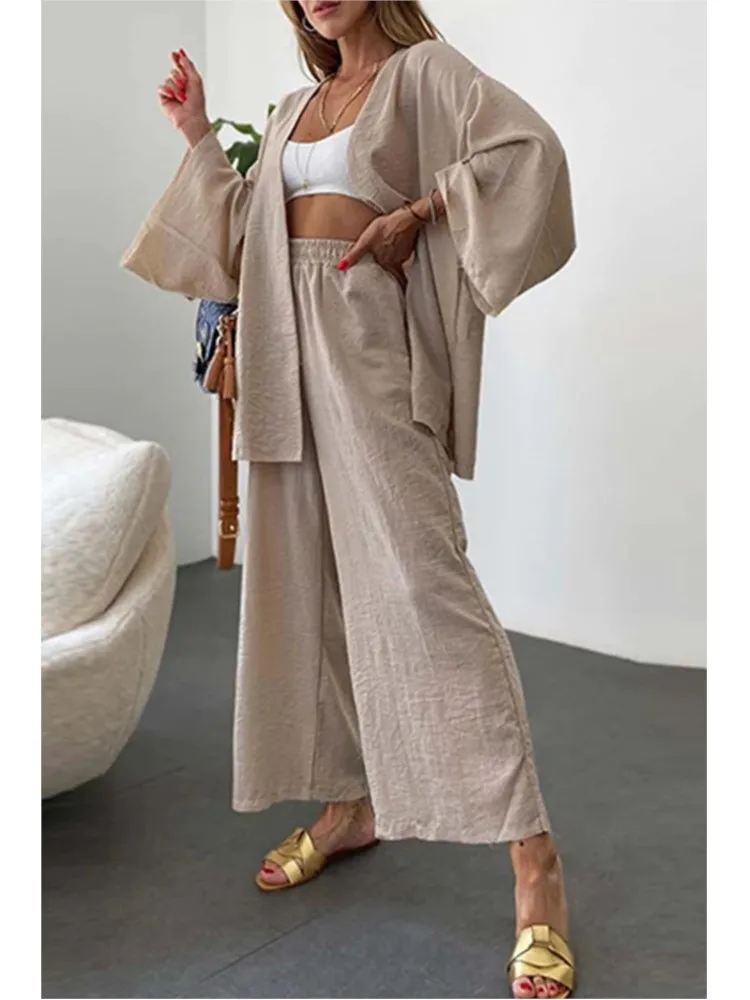 2 Pcs/Set Cardigan Pants Set Women Casual Solid Color Loose Wide Leg Pants Long Sleeve Top Suit Female Soft Lady Coat