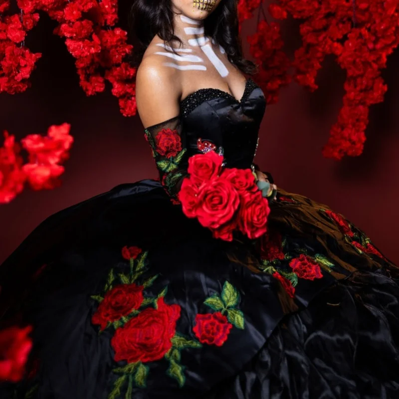 

Black Quinceanera Dress off-shoulder crystal Lace layering flower decal Long tail vestidos de 15 Quinceanera ﻿Customize