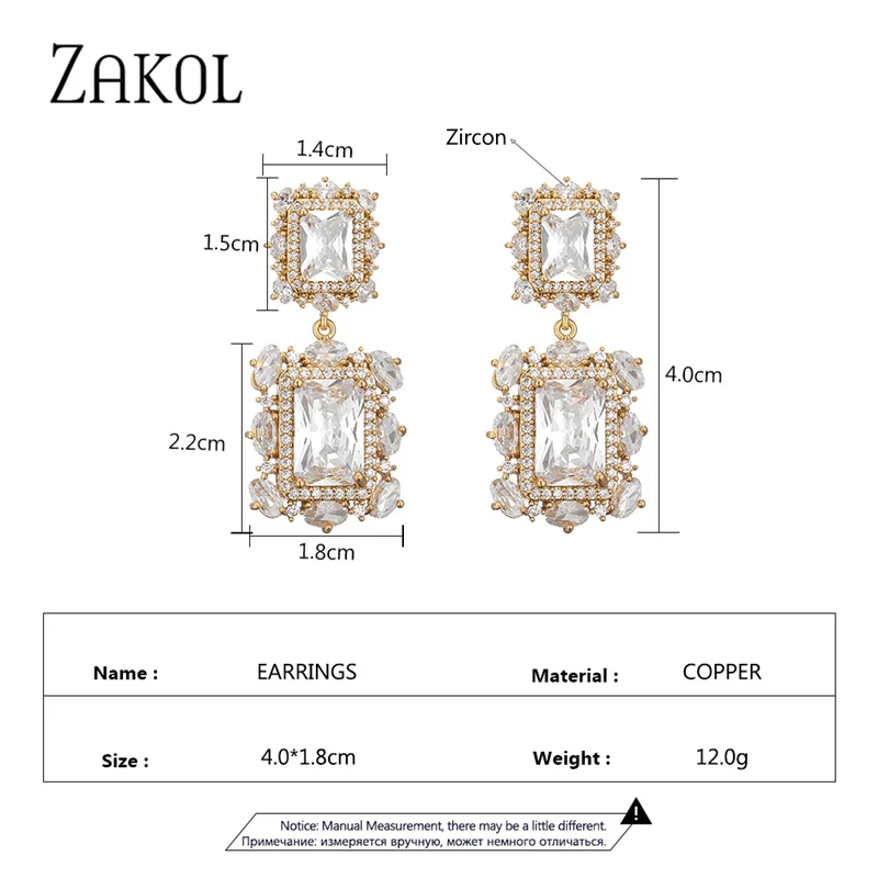 ZAKOL Gorgeous Princess Big Square Light Blue Cubic Zirconia Drop Earrings for Women Fashion Luxury Wedding Engagement Jewelry