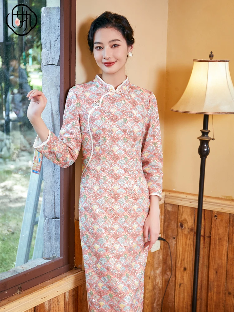 

Obstinate Autumn New Chinese Sle Long Sve Stand Collar Sequin Slim Fit Improved Low Slit Daily Wear Polyester ...