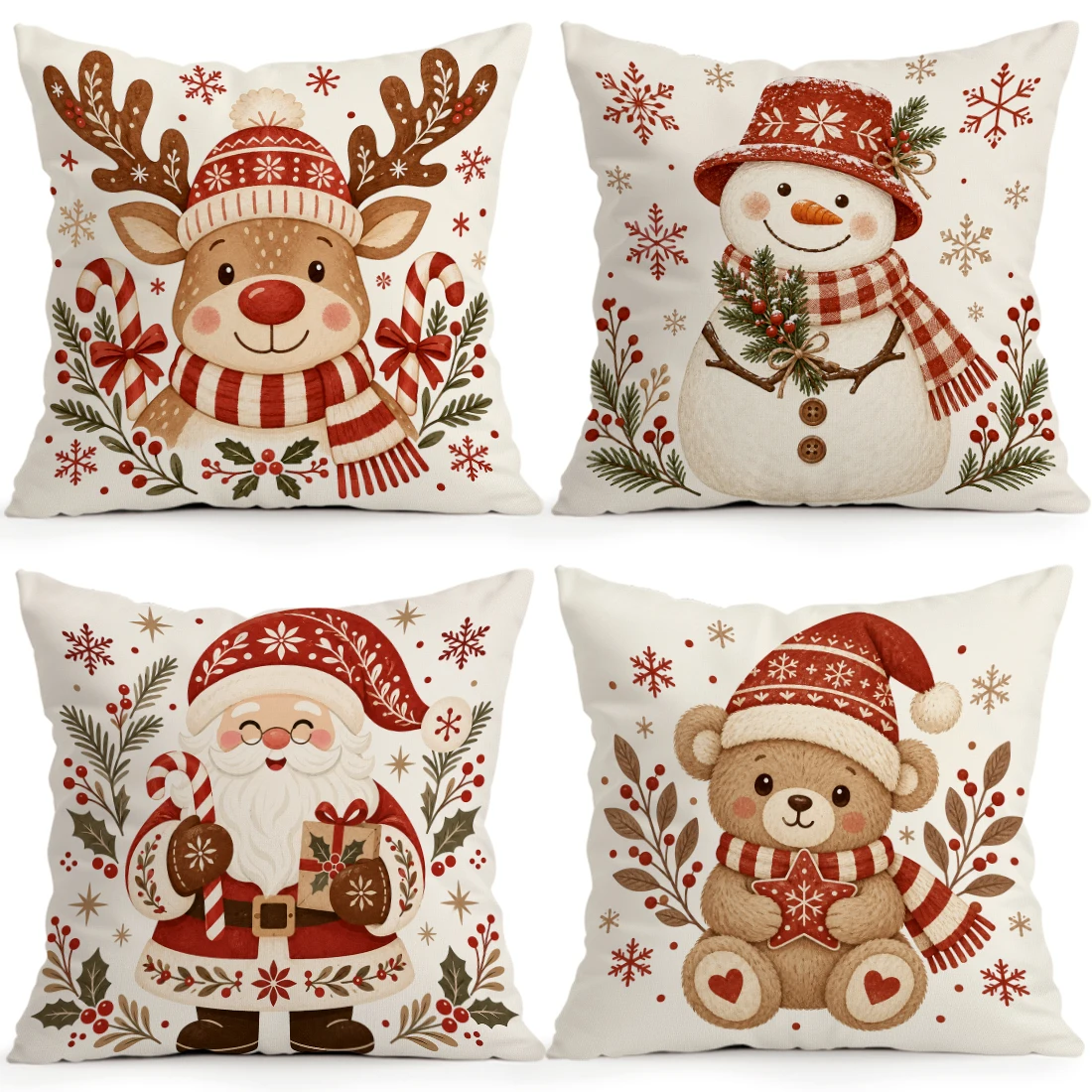 1/4pcs Hand Drawn Christmas Animals Cushions Pillowcase Polyester Cushion Cover Throw Pillow Pillowcover Home Car Sofa Decor