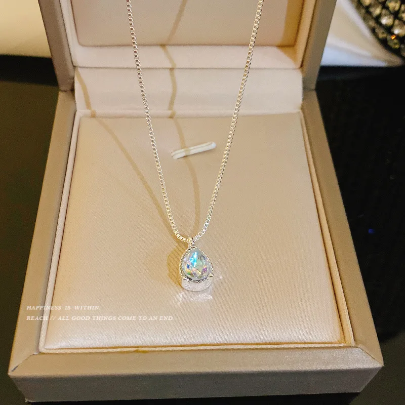 Dainty Teardrop Iridescent Zircon Silver Pendant Necklace for Women, Tiny Rainbow Pear Crystal Box Chain Choker, Minimalist Delicate Daily Jewelry, Romantic Birthday Anniversary Gift for Teen Girls - view 4