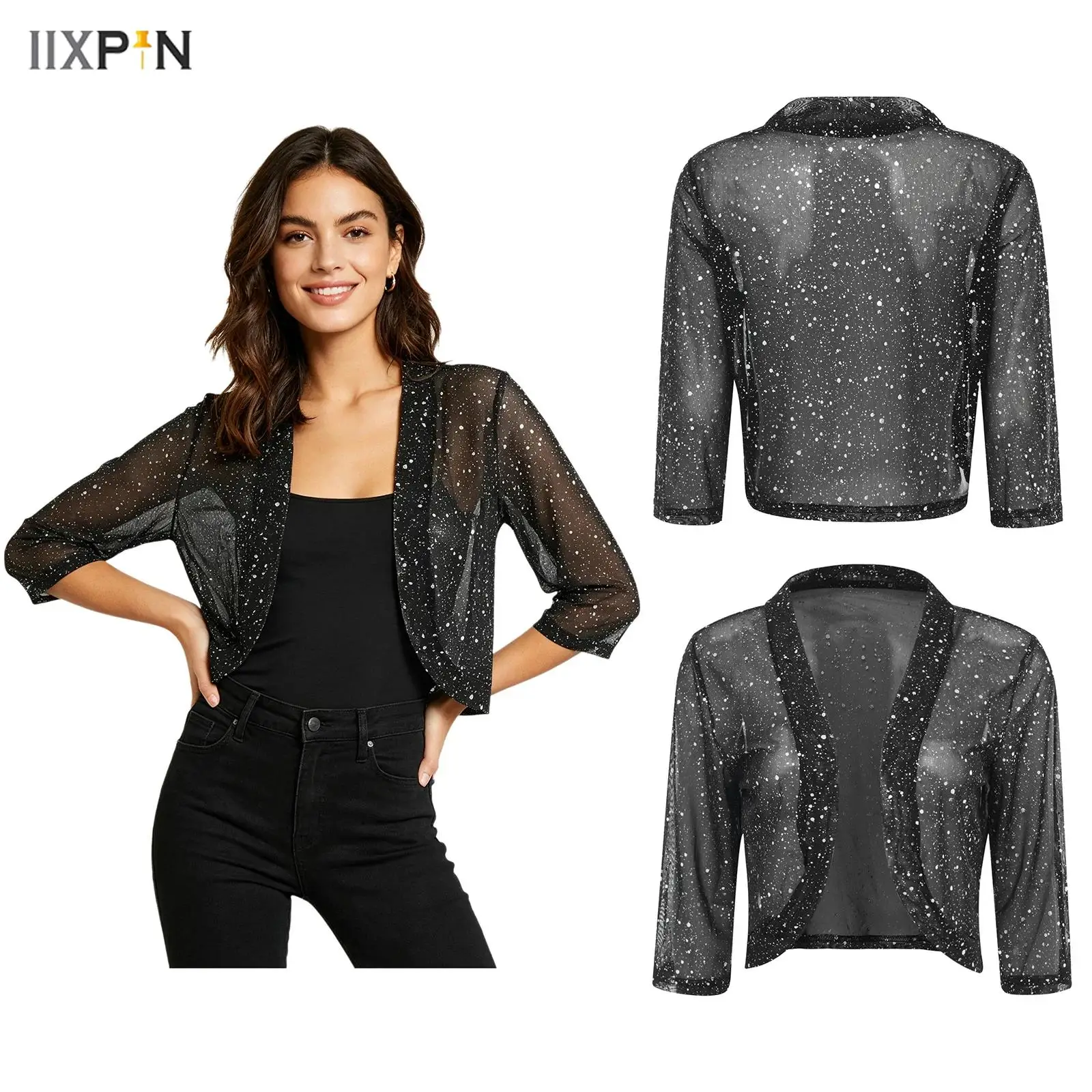 Women's Bolero Jacket Cardigan Sheer Mesh Metallic Shiny Spots 3/4 Sleeve Open Front Curved Hem Crop Shrugs Shawls Cover up