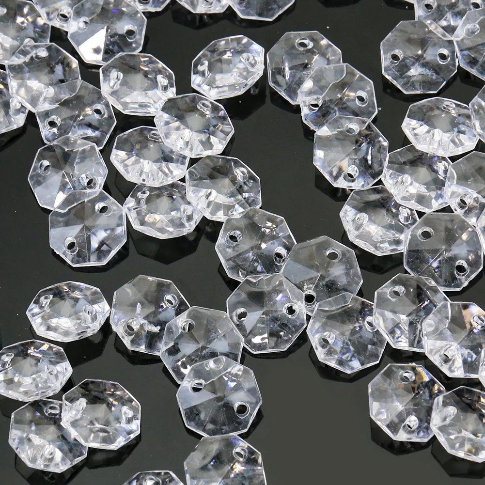 50PCS 14mm Acrylic Clear Octagon Beads Chandelier Parts Pendant Loose Beads Chain for Strands 2 Holes Christmas Tree Centerpiece