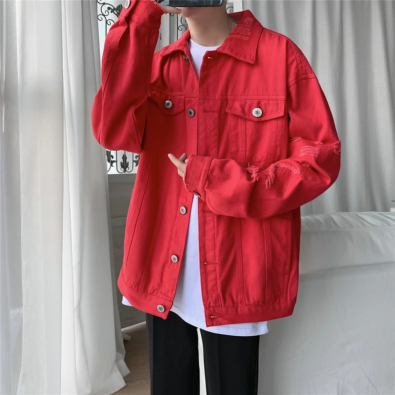 New Autumn Men\'s Jeans Jackets Slim Fit Cotton Denim Jacket Red White Black Ripped Hole Jean Coats Mens Outwear Plus size M-5XL