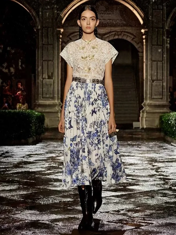 

Designer 2023 New Women's Elegant Party Dress High Quality Lace Print Midi Dress Formal Occasions Casual Fashion French Vintage