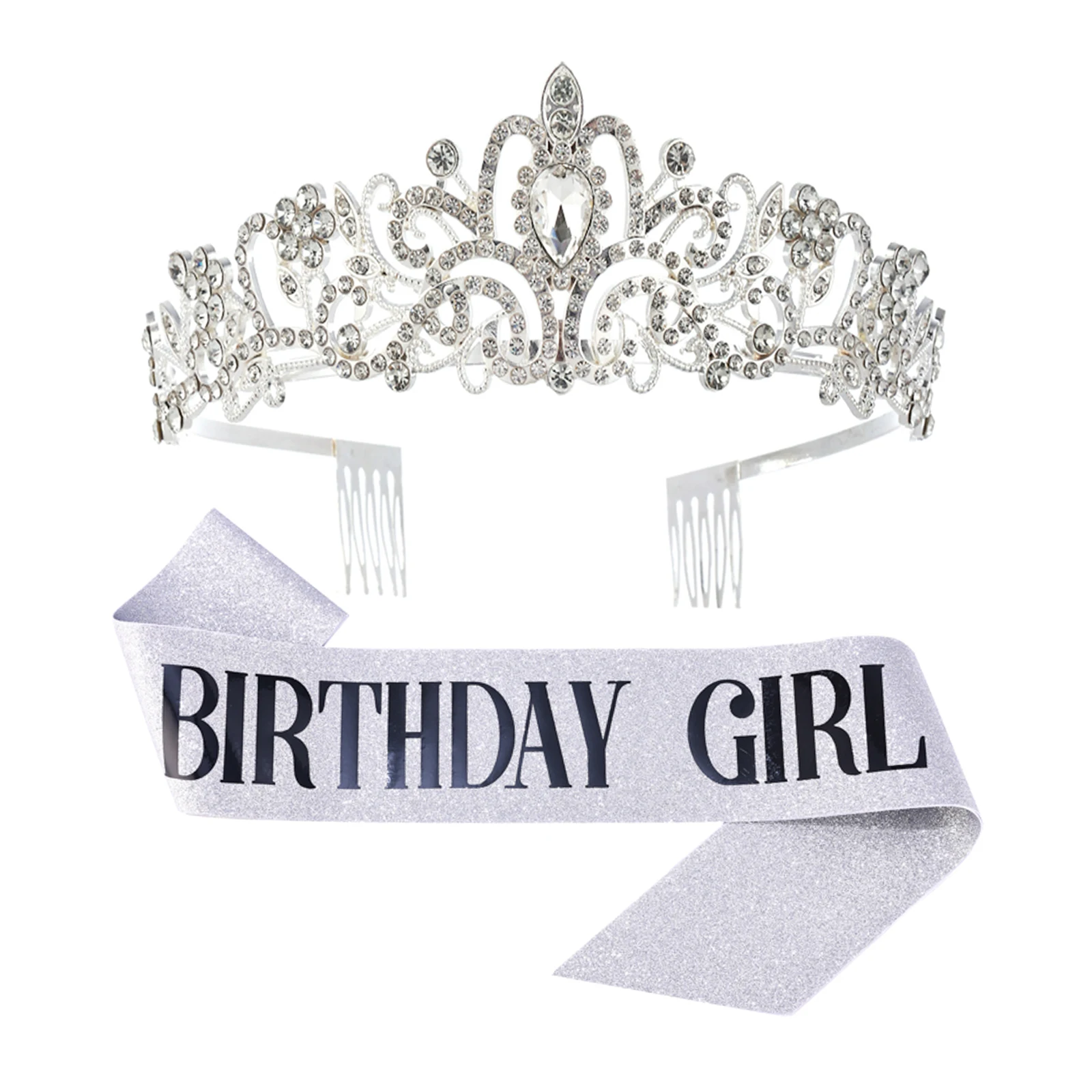 2-teiliges Set Glitzernde Strass-Kristall-Krone Tiara Geburtstagsmädchen Schärpe Krone für Frauen Mädchen Geburtstagsparty Dekorations-Set – Detail 1
