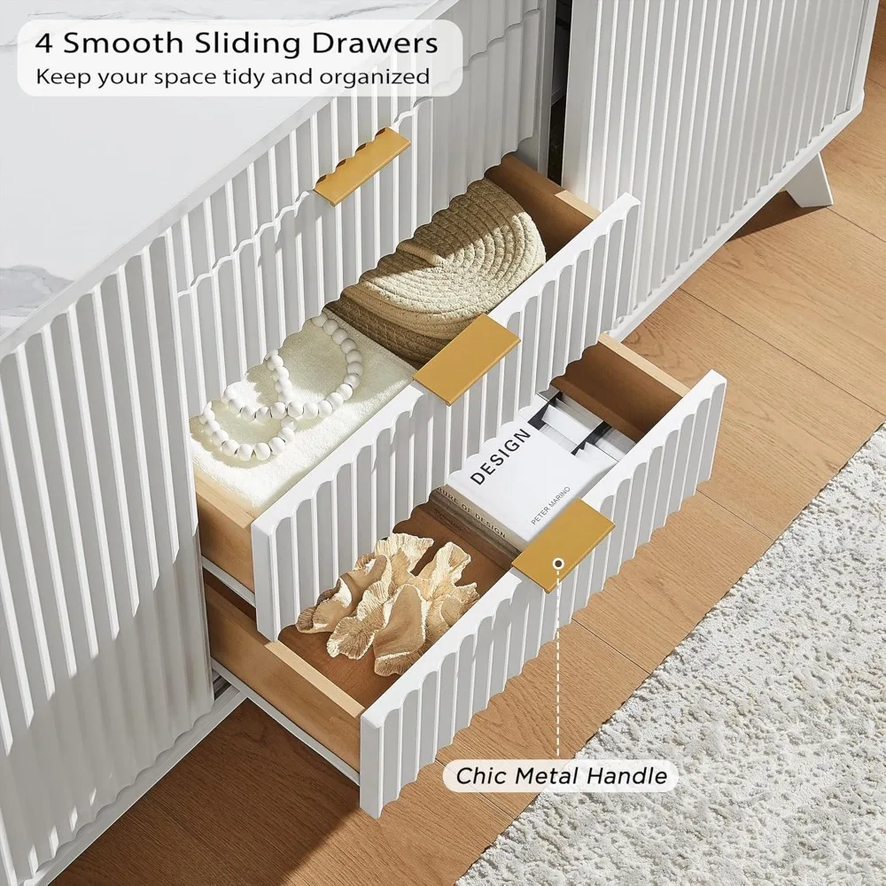 Komoda nowoczesna z rowkowanym wykończeniem, 60 cali, z przesuwnymi drzwiami, blatem z imitacji marmuru, 4 szufladami, zakrzywionym kształtem, komoda/stojak pod telewizor.