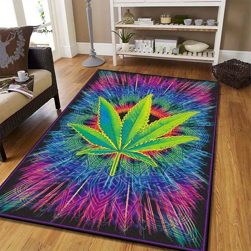 Psychedelic Cannabis Leaf Rug: Vibrant Mandala Design for Boho Rooms | Trippy Hippie Decor | Colorful Weed Themed Carpets