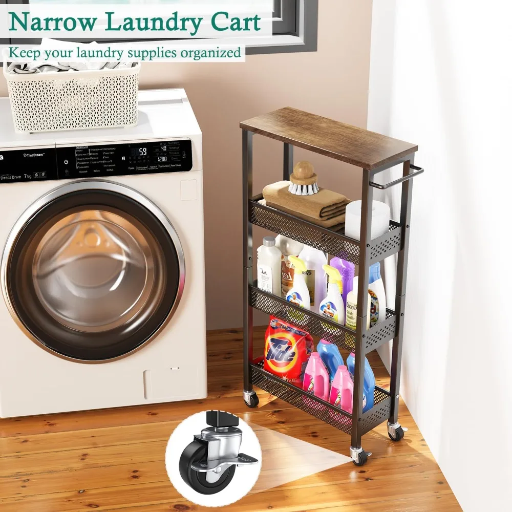 عربة دوارة رفيعة مكونة من 4 طبقات مع عجلات - مساحة تخزين ضيقة للمساحات الصغيرة، عربة أدوات متنقلة مع سطح خشبي