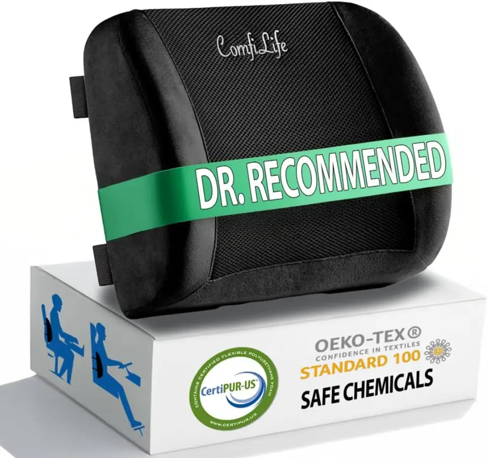 

Memory Foam Lumbar Support Pillow for Office Chair & Car Seat - Adjustable Strap, Breathable 3D Mesh, Black