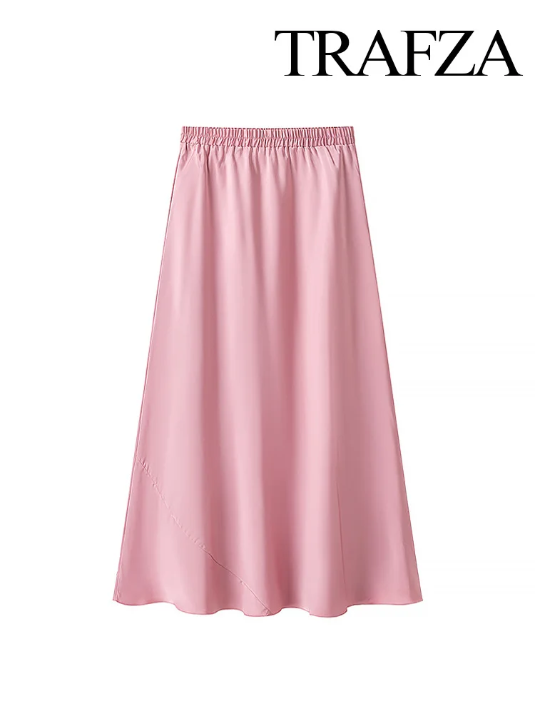 

TRAFZA Women Summer Fashion High Street A-Line Elastic Waist Satin Texture Midi Skirt Female Solid Fold Skirts Trendy Mujer