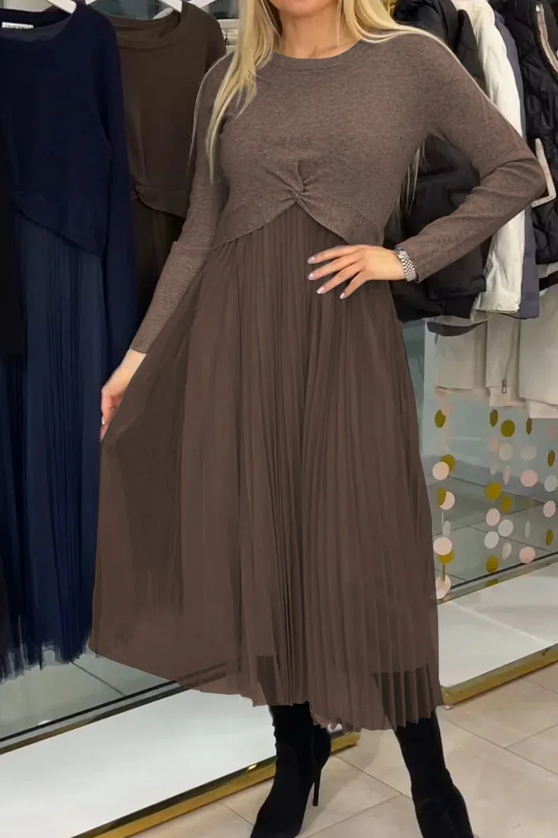 ใหม่จีบลูกไม้ชุดผู้หญิงแฟชั่น O คอพับผู้หญิง Dresswith Slim PARTY A-Line ชุดยาวฤดูใบไม้ผลิฤดูใบไม้ร่วง