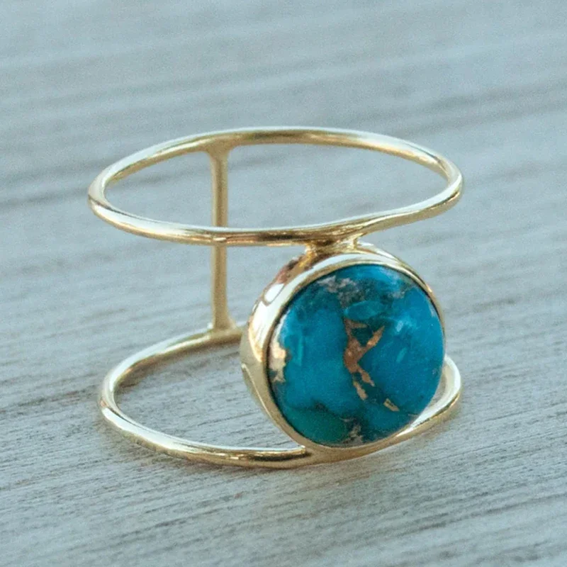 Huitan Double Layer Bohemia Rings for Women Inlaid Round Imitation Turquoise Stone Vintage Party Female Boho Jewelry Drop Ship