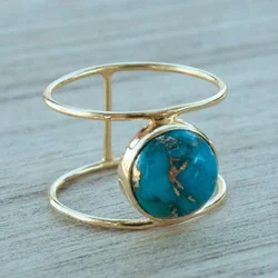 Huitan Double Layer Bohemia Rings for Women Inlaid Round Imitation Turquoise Stone Vintage Party Female Boho Jewelry Drop Ship