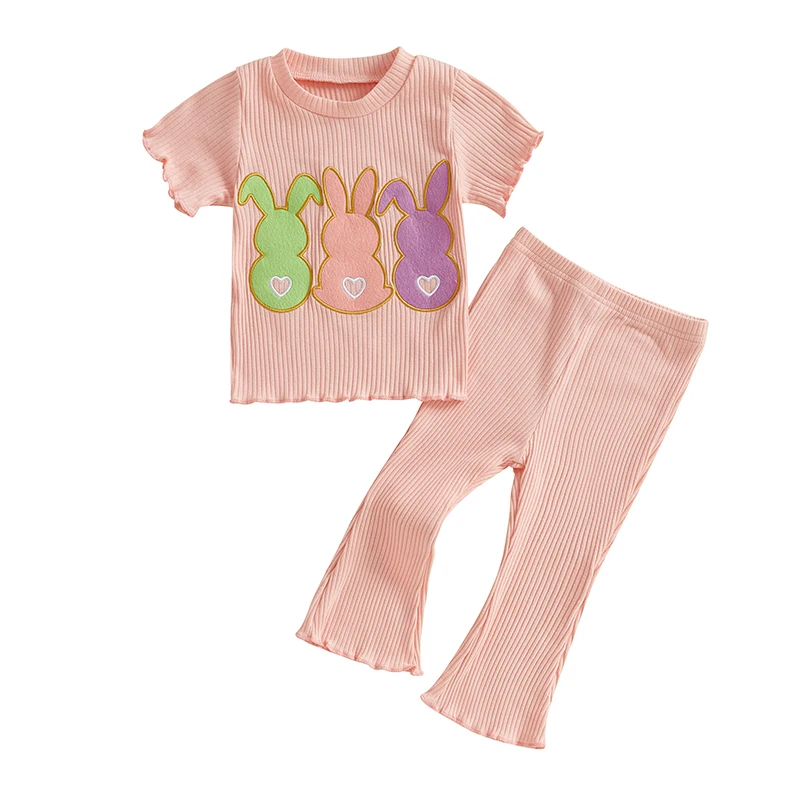 Blotona Baby Girl 2Pcs Easter Outfits Short Sleeve Tops and Plain Flare Pants Set Toddler Clothes