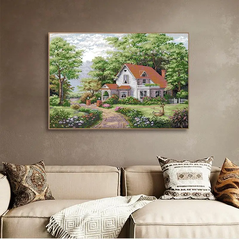 Joy Sunday Cottage Landscape Cross Stitch Kit Aida 14CT 16CT 11CT White Printed Fabric DIY Hand Embroidery Set Home Decor Crafts