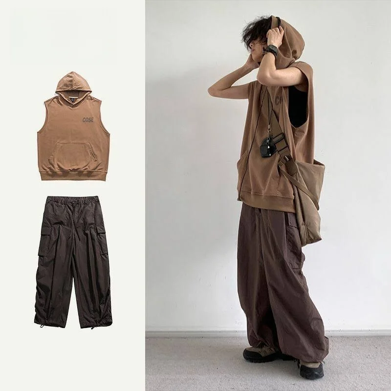 

New Summer Hooded Letter Print Sweat Vest ex Loose Spor Overhead Trendy Brand Set Casual Sportswear Long Pants