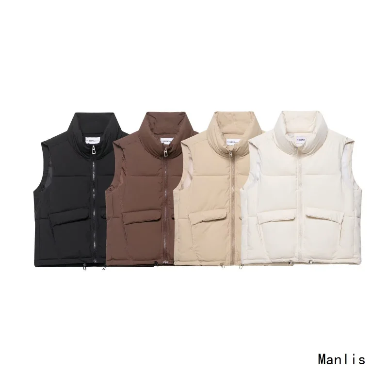 

Europe and America2025New Fashionable Elegant Women's Stand Collar Solid Color Pocket Decorated Cotton Vest