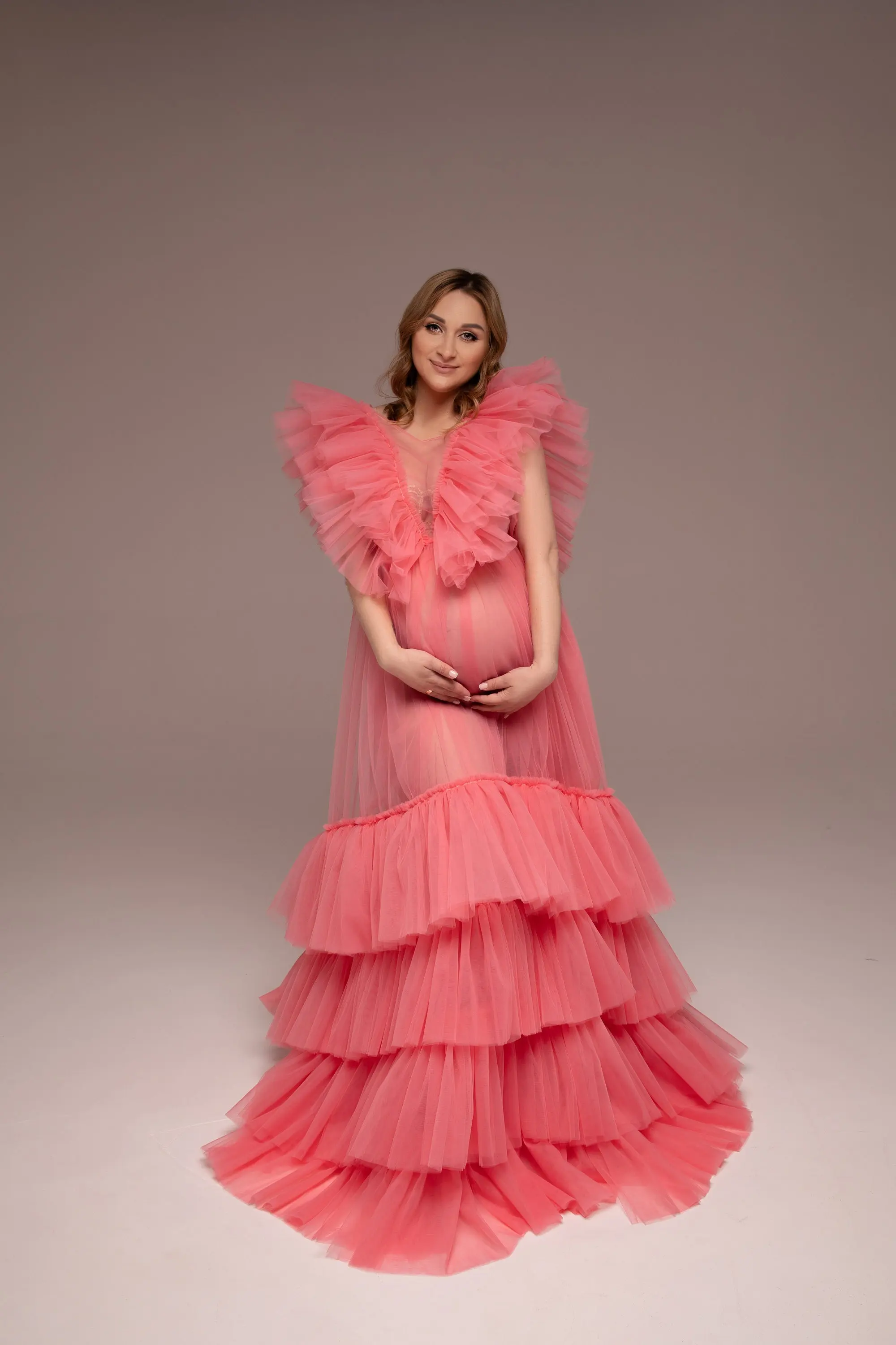 Sexy Ruches Tule Avondjurken V-Hals Fotoshoot Baby Shower Prom Jurken Vegen Trein Zwangere Vrouw Gewaden