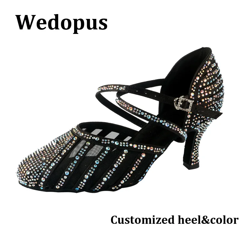 

Wedopus Туфли с закрытым носком по индивидуальному заказу для танцев Замшевая кожаная подошва Кристаллы Танцевальная обувь Черные 3 дюйма