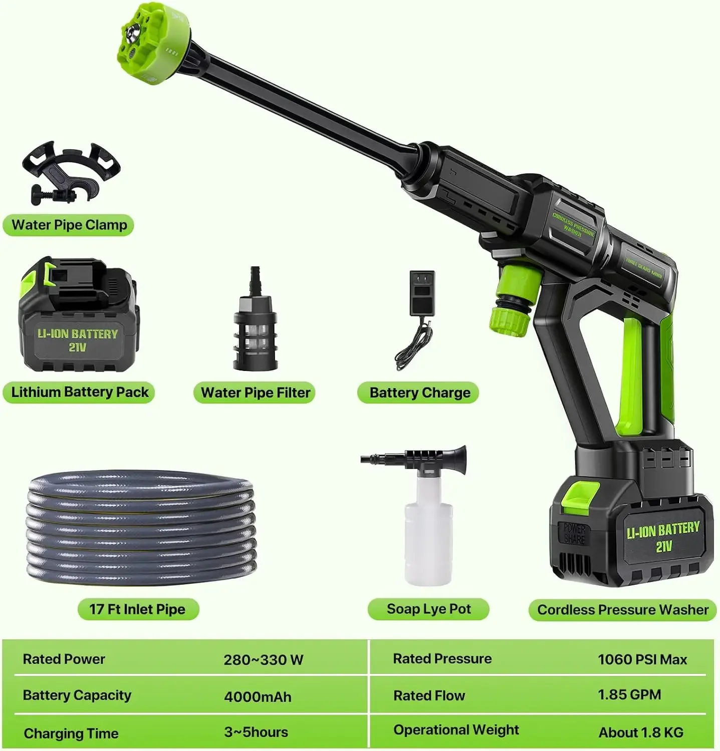 Cordless Pressure Washer, 6-in-1 Nozzle Portable Handheld Power Washer 1200 PSI, 4.0 Ah Battery Operated