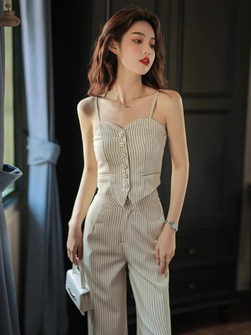 French Stripsling Vest Wide Leg Pants Two-piece Set Women Sleeveless Temperament Single Breasted Spicy Cool Slim Summer Suit New