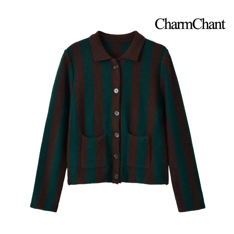 CHARMCHANT Women's Green Brown Stripe Knit Cardigan Sweater Collared Long Sleeve Button Front Patch Pocket Cropped Vintage 2026
