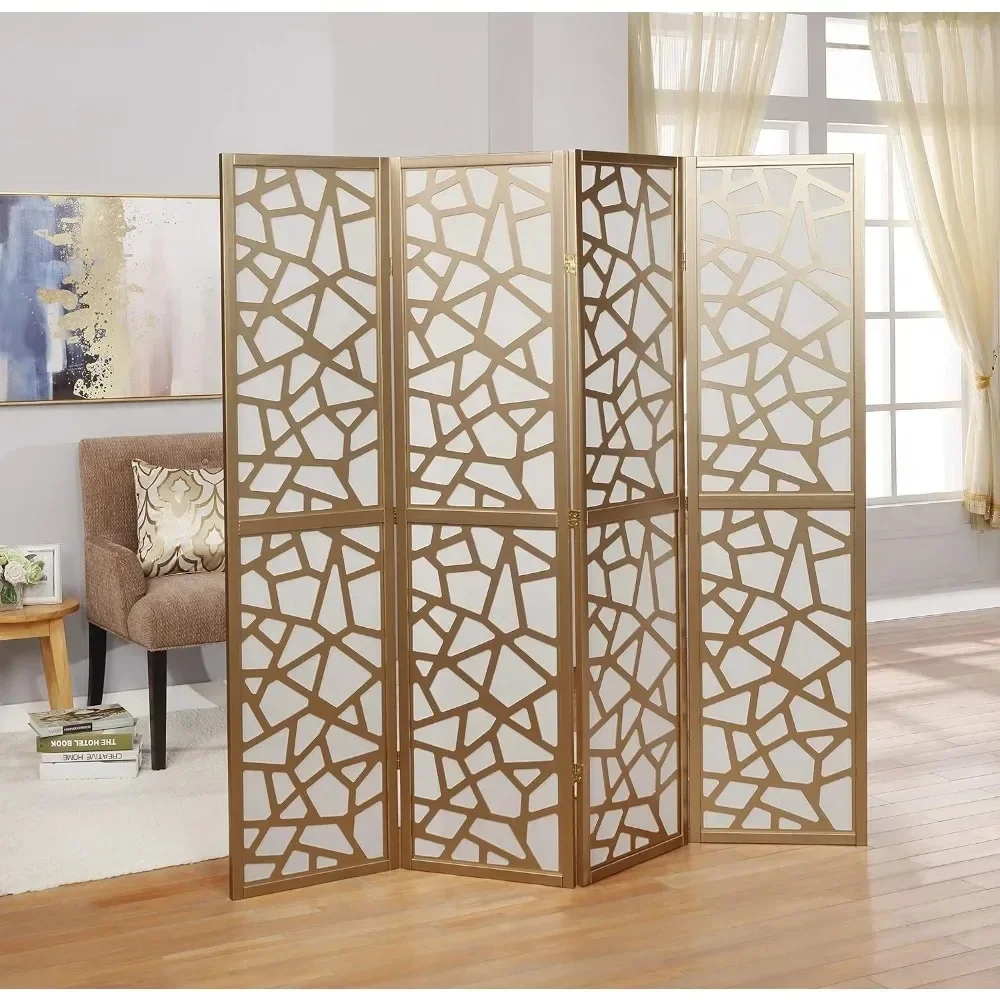 Bohemian Style Room Partitions, 4-panel Screen Room Dividers, Golden Medieval Modern Style Room Partitions