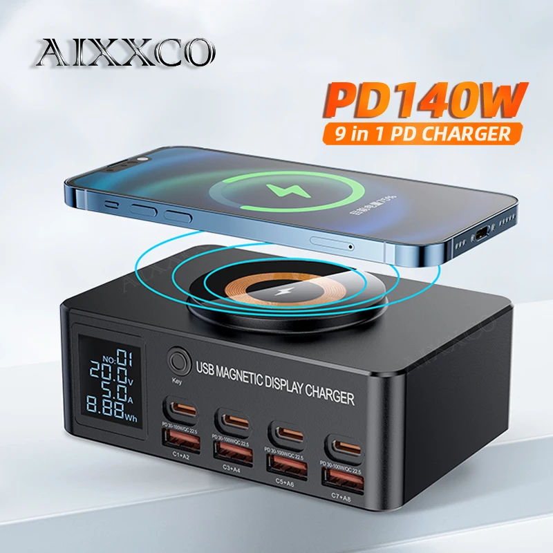 

AIXXCO LED 140W USB Charger Wireless Charger 4 QC3.0 Quick Charge,4 USB C PD Port Charging Station For iPhone Samsung Xiaomi