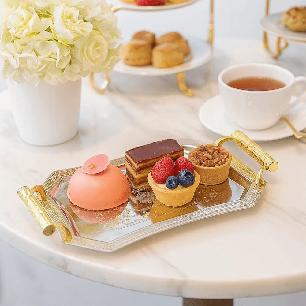 

European Style Stainless Steel Storage Tray Vintage Delicate Pattern Serving Tray with Handle Candy Dessert Plates Weddings