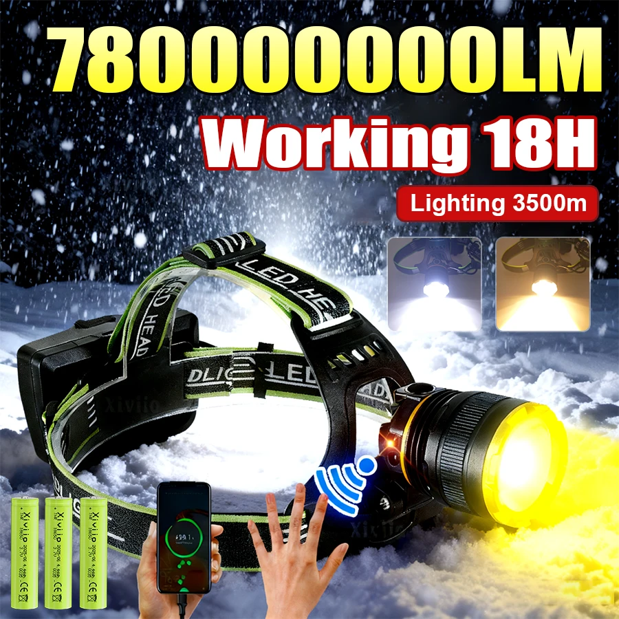 

7800000000LM Самый мощный налобный фонарик Белый/Желтый свет 3*18650 Аккумулятор USB Перезаряжаемый налобный фонарь Zoom 3500 м Кемпинг Рыбалка Светодиодные фары