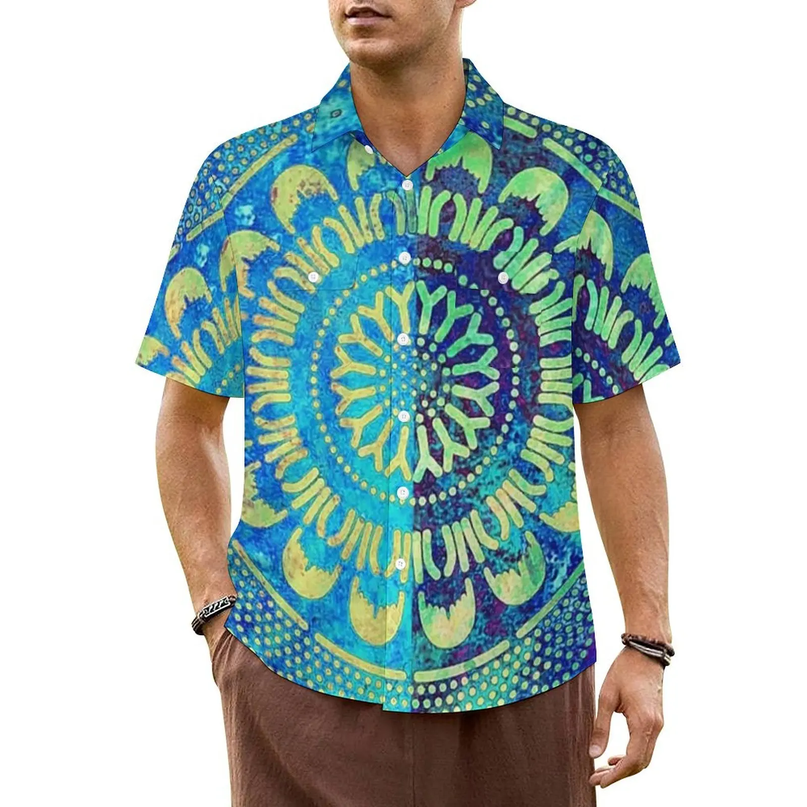 

Summer Shirt Vacation Bohemian Lagoon Blouses Blue Mandala Print Trendy Casual Shirts Men Short Sleeve Comfortable Oversized Top