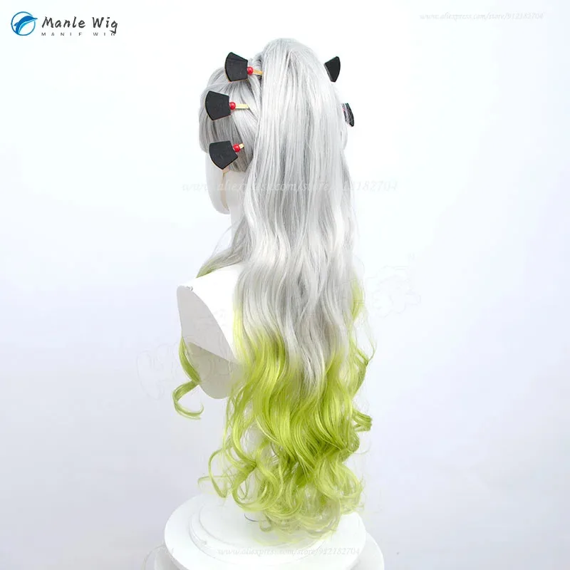 DY2025Anime Daki Cosplay Wig 100cm Long Grey Gradient Green Ponytail Daki Wigs Heat Resistant Synthetic Hair Party Wigs + Free W