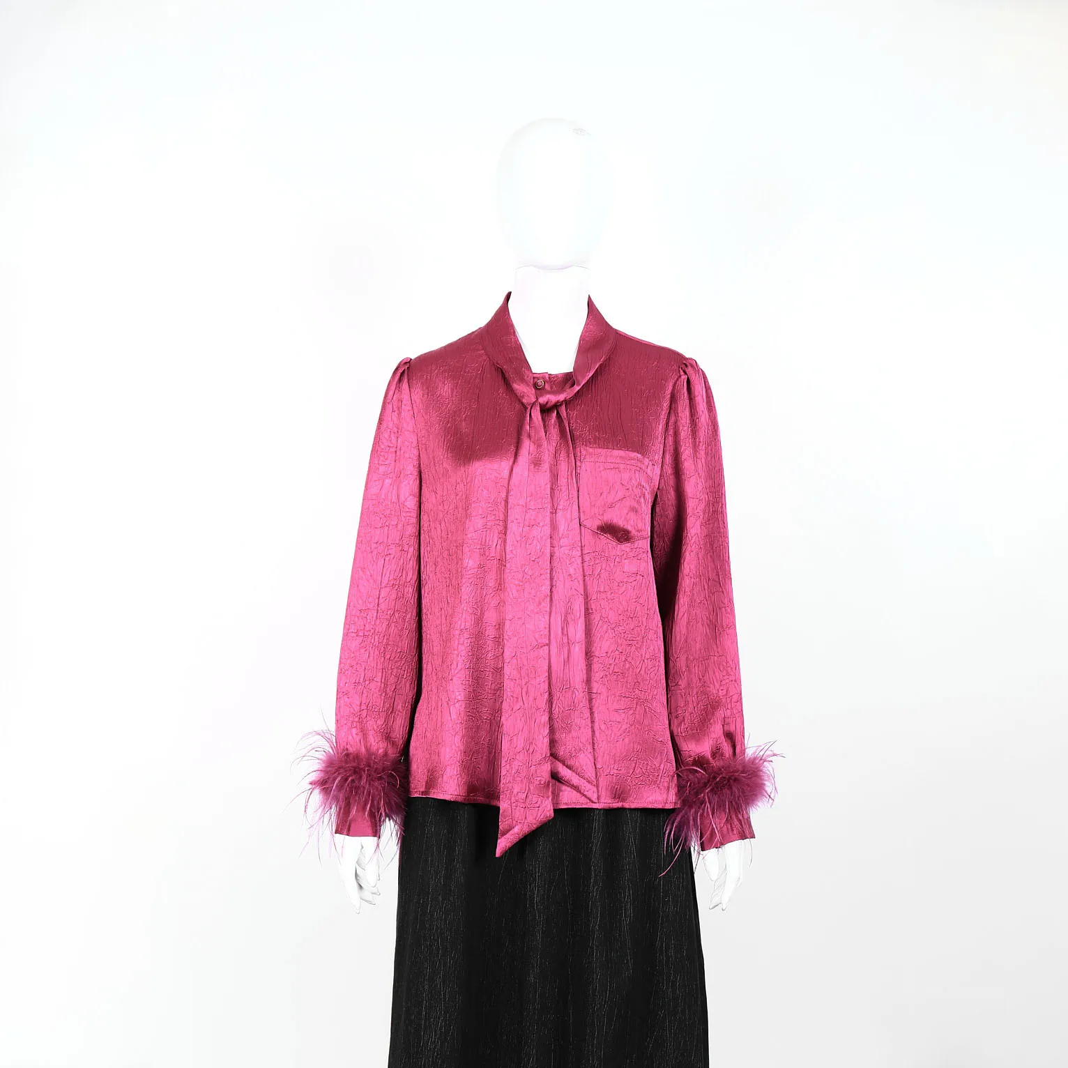 

2025 Spring Women's Fuchsia Satin Blouse With Feather Cuffs Tie Neck Elegant Party Top For Ladies Fashion Vintage Style