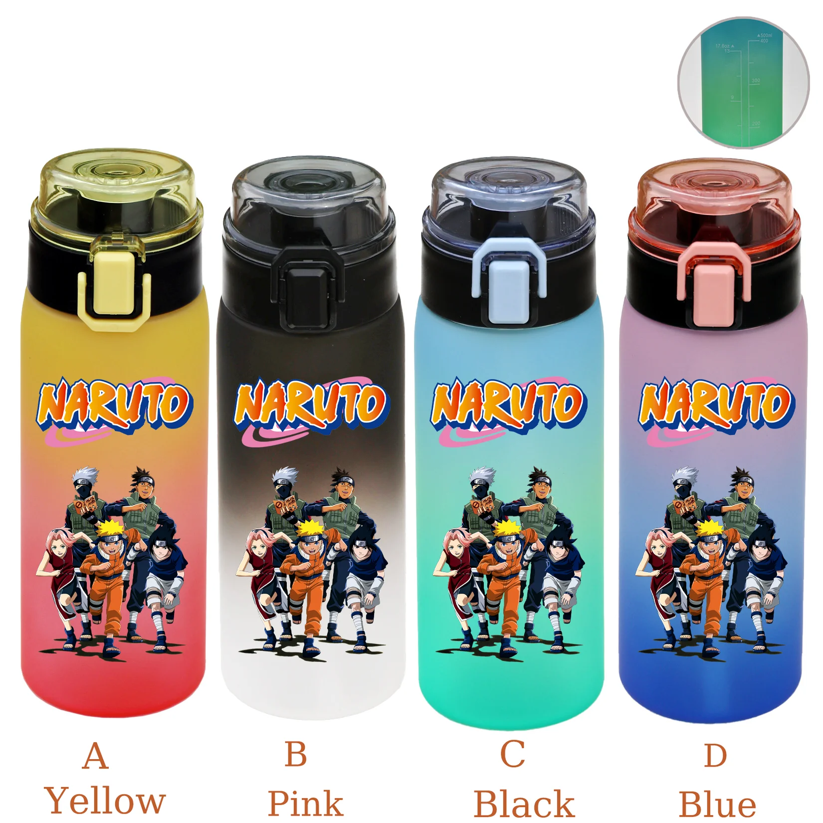 500ML NARUTO Sports Water Bottle Gradient Color Plastic Drinking Bottle Uzumaki Uchiha Sasuke Kakashi Cartoon Travel Office Jugs