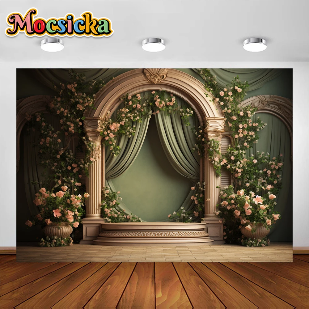 Mocsicka Neugeborenen Geburtstag Fotografie Hintergrund Blumen Bogen Tür Vorhang Party Dekoration Familien feier Fotostudio Banner
