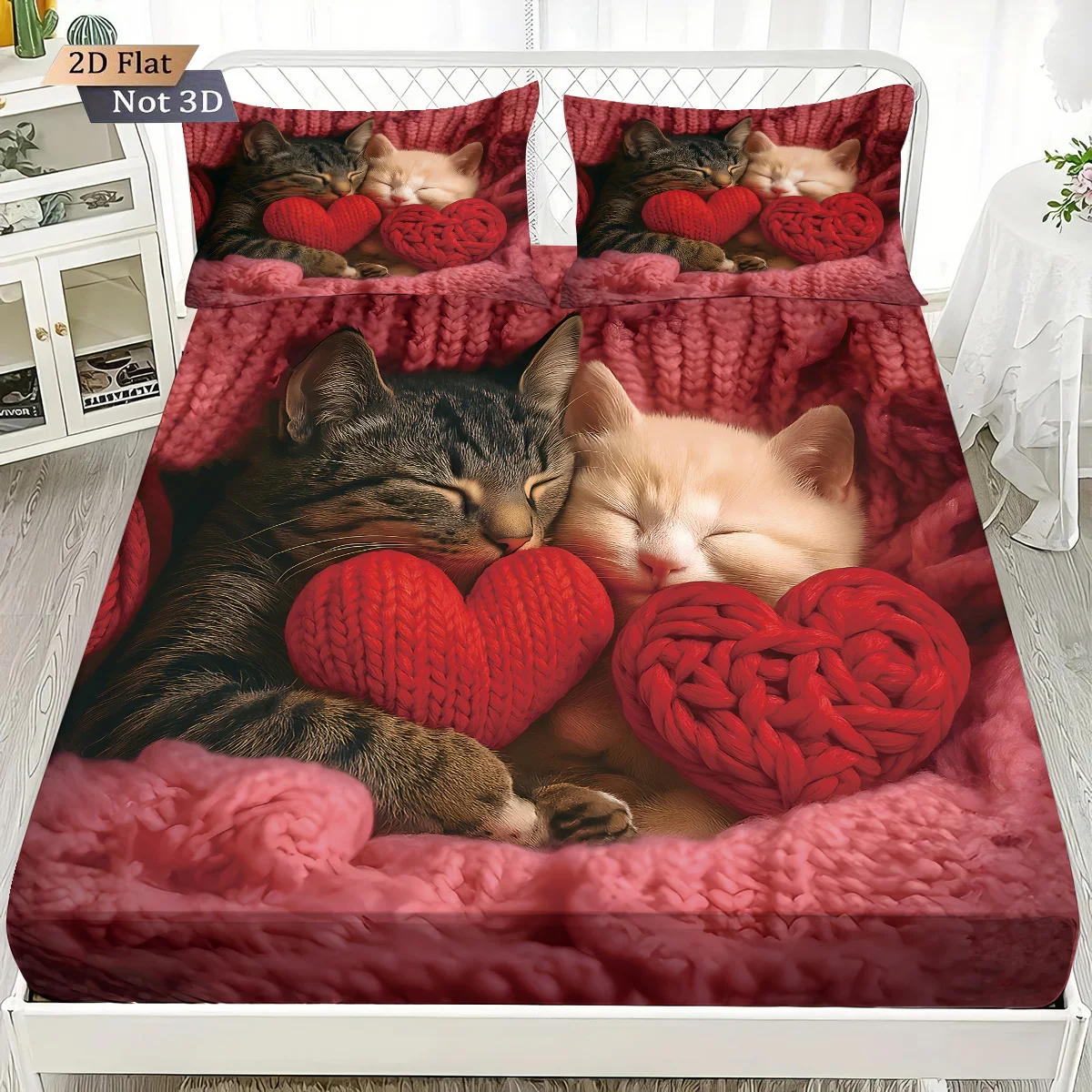 3 قطع من ملاءات السرير الرومانسية اللطيفة المطبوعة على شكل قطة لعيد الحب، مجموعة متعددة الحجم لتزيين غرفة النوم وقابلة للغسل في الغسالة