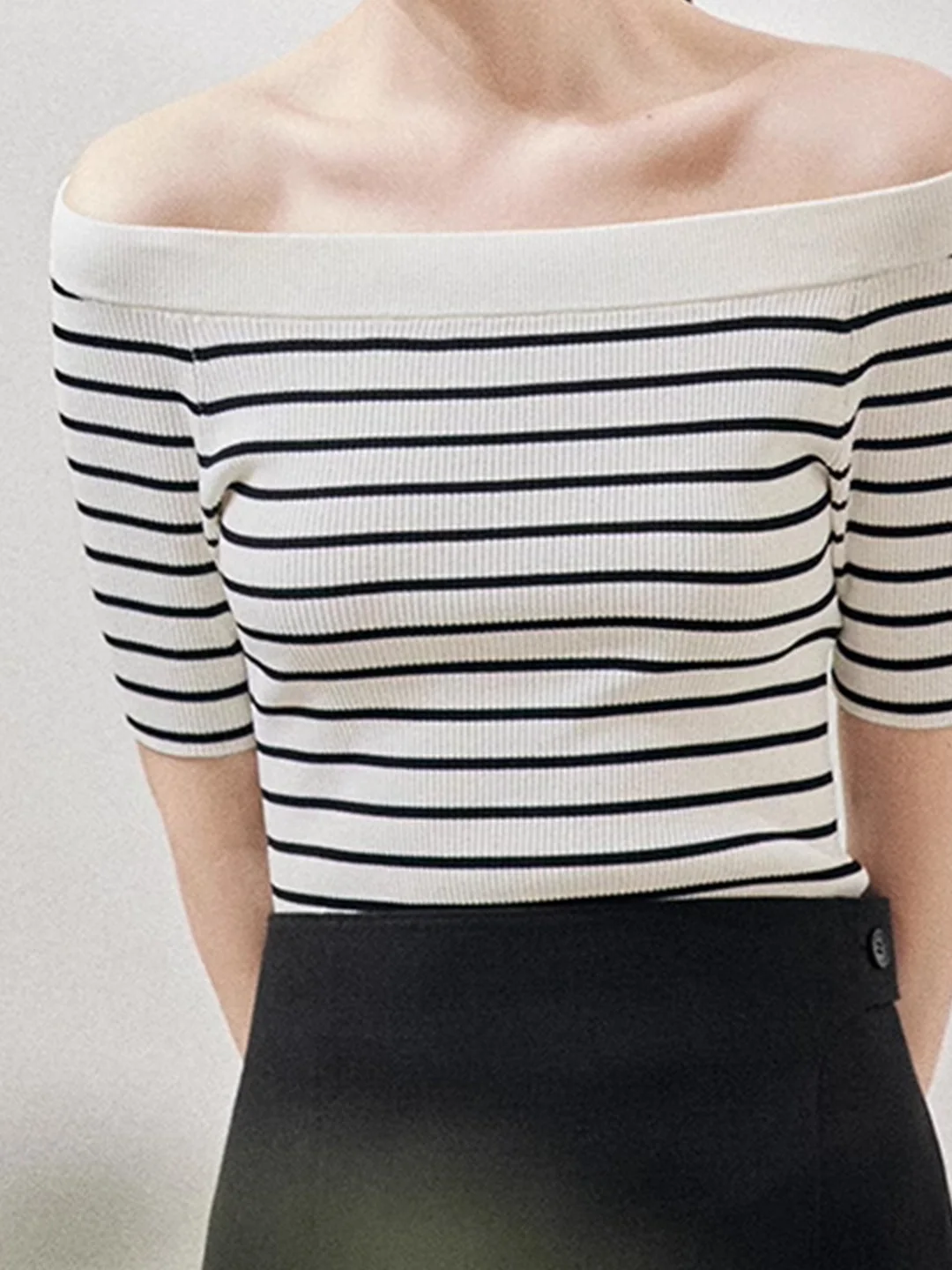 

ANTIFORM Striped oulder Bared ort Sve Women's T-irt 2025 Spring Summer New Knitted Wear Commute Sle Slim Fit Wool ...