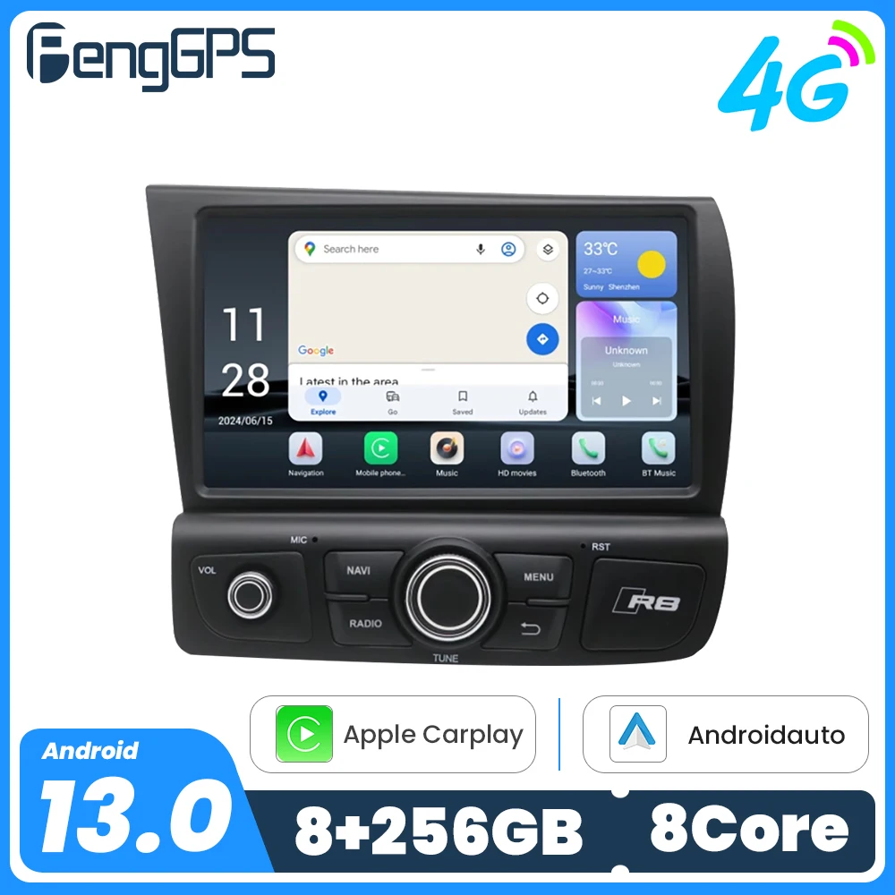 8 ''Android 14 para Audi R8 2007-2015 ZM Série Touch Navegação de tela de carro Apple Carplay Rádio de carro DSP BT Multimídia Player GPS