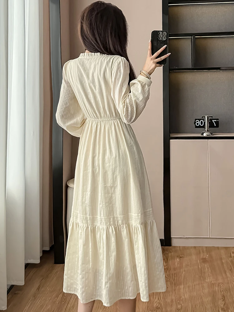 الخريف الشتاء الأبيض كم طويل القوس تكدرت الخامس الرقبة فستان طويل المرأة أنيقة فستان المنزل غير رسمي 2025 الكورية Bodycon مهرجان فستان